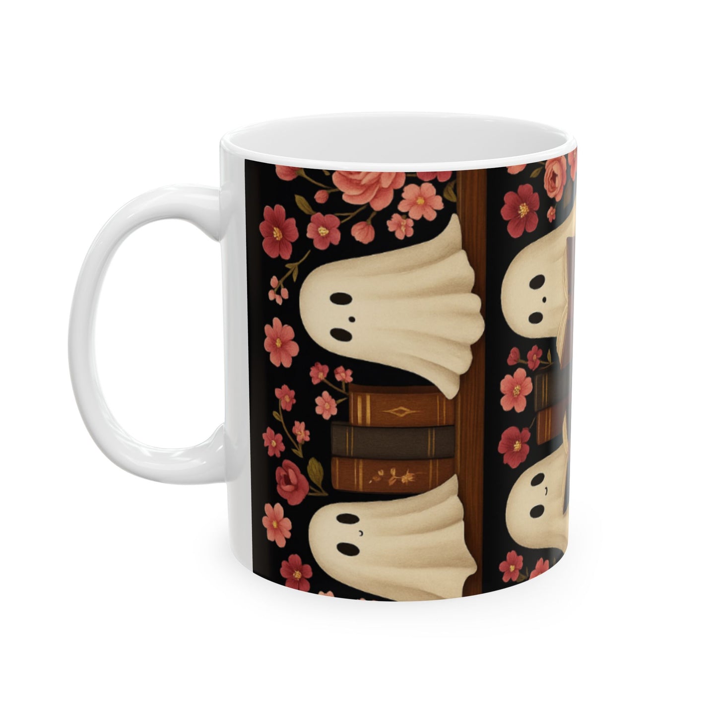 Spooky Ghosts Floral Ceramic Mug | Cute Coffee Cup for Halloween, Book Lovers, Gifts, Home Decor