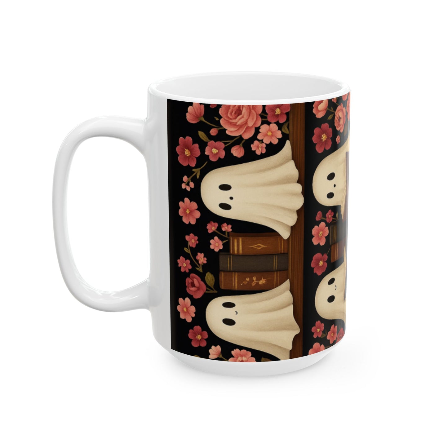 Spooky Ghosts Floral Ceramic Mug | Cute Coffee Cup for Halloween, Book Lovers, Gifts, Home Decor
