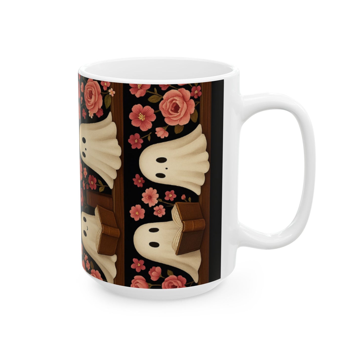 Spooky Ghosts Floral Ceramic Mug | Cute Coffee Cup for Halloween, Book Lovers, Gifts, Home Decor