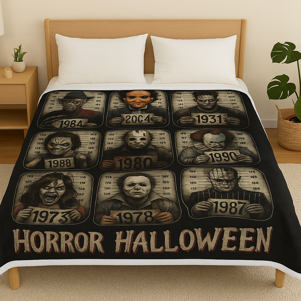 Horror Icons Arctic Fleece Blanket | Cozy Halloween Throw with Horror Movie Characters | Soft 315gsm Blanket Gift for Horror Fans