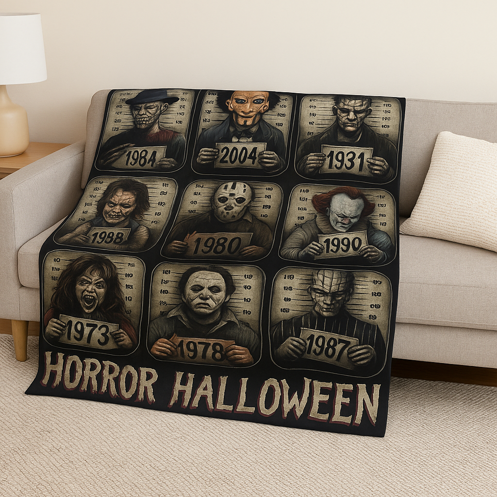 Horror Icons Arctic Fleece Blanket | Cozy Halloween Throw with Horror Movie Characters | Soft 315gsm Blanket Gift for Horror Fans