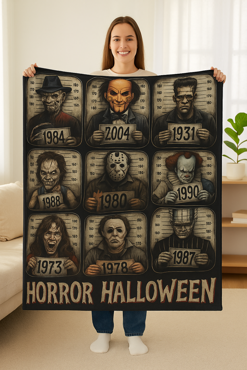 Horror Icons Arctic Fleece Blanket | Cozy Halloween Throw with Horror Movie Characters | Soft 315gsm Blanket Gift for Horror Fans