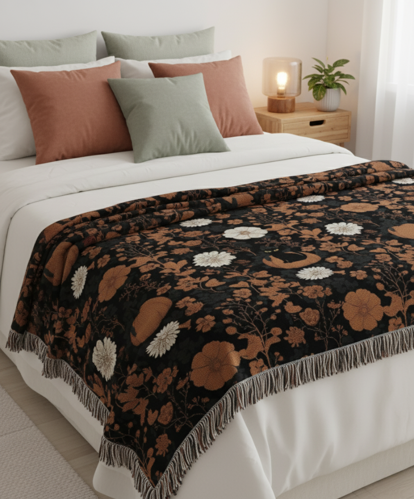 Cozy Floral Woven Blanket | Warm Throw for Home Decor, Gift for Her, Bohemian Style, Picnic Blanket, Cozy Home Essentials