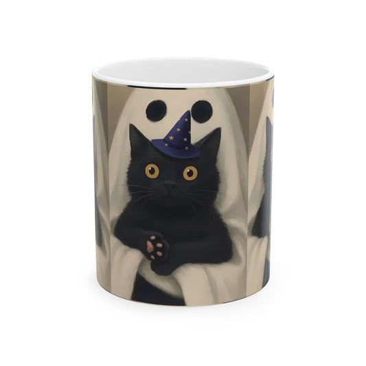 Spooky Cat Ghost Mug | Halloween Coffee Cup, Cute Black Cat Lover Gift, Fall Decor, 11oz & 15oz Ceramic, Double-Sided Print