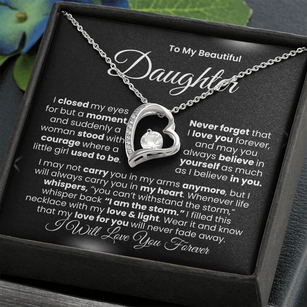 “I Will Love You Forever” Daughter Necklace | Choose 14k White Gold Finish or 18k Yellow Gold Finish.