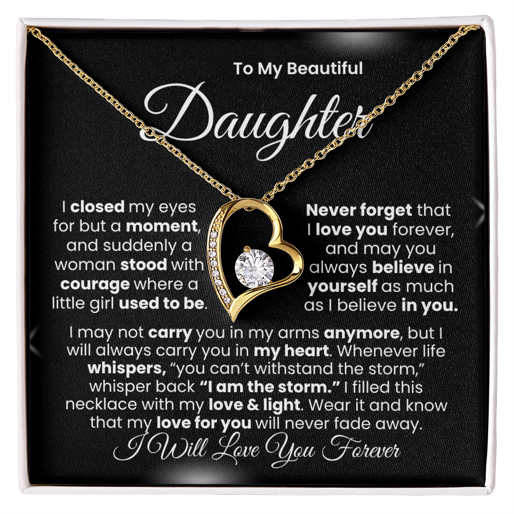 “I Will Love You Forever” Daughter Necklace | Choose 14k White Gold Finish or 18k Yellow Gold Finish.