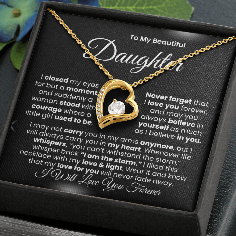 “I Will Love You Forever” Daughter Necklace | Choose 14k White Gold Finish or 18k Yellow Gold Finish.
