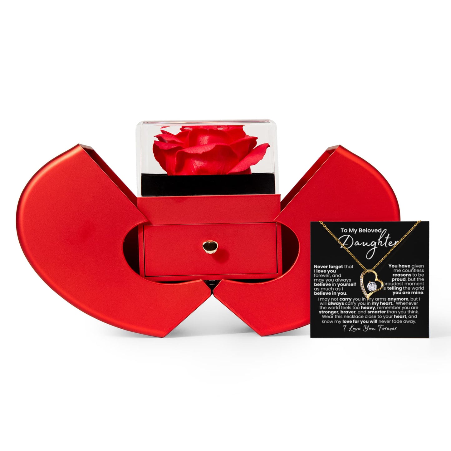 Beloved Daughter Necklace Gift Set — Forever Love Pendant + Preserved Rose | Finish → 14k White Gold over Steel / 18k Yellow Gold over Steel