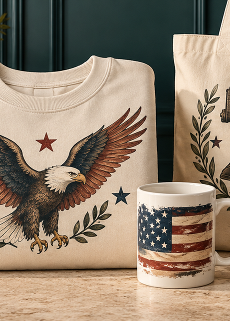 Patriotic eagle sweatshirt, Liberty Bell tote bag, American flag mug, and stars-and-stripes blanket against a deep teal backdrop