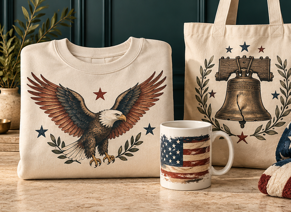 Patriotic eagle sweatshirt, Liberty Bell tote bag, American flag mug, and stars-and-stripes blanket against a deep teal backdrop
