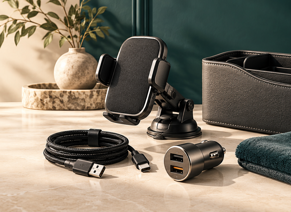 Car phone holder, charger, charging cable, organizer, microfiber cloths, and fragrance diffuser on a cream surface with a deep teal backdrop
