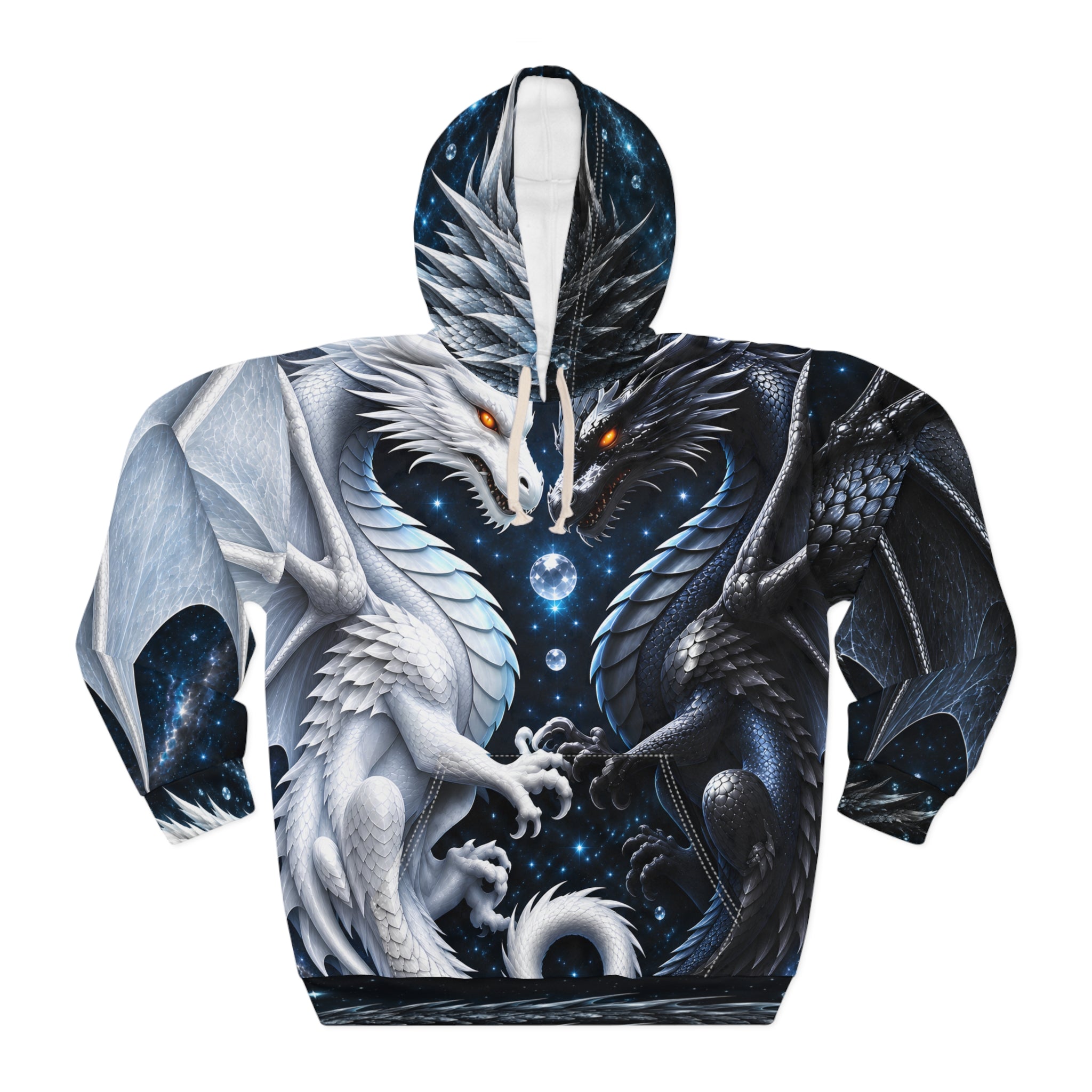 Yin Yang Dragon Hoodie – Black & White All-Over Print, Celestial Fantasy Pullover