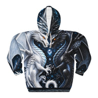 Yin Yang Dragon Hoodie – Black & White All-Over Print, Celestial Fantasy Pullover