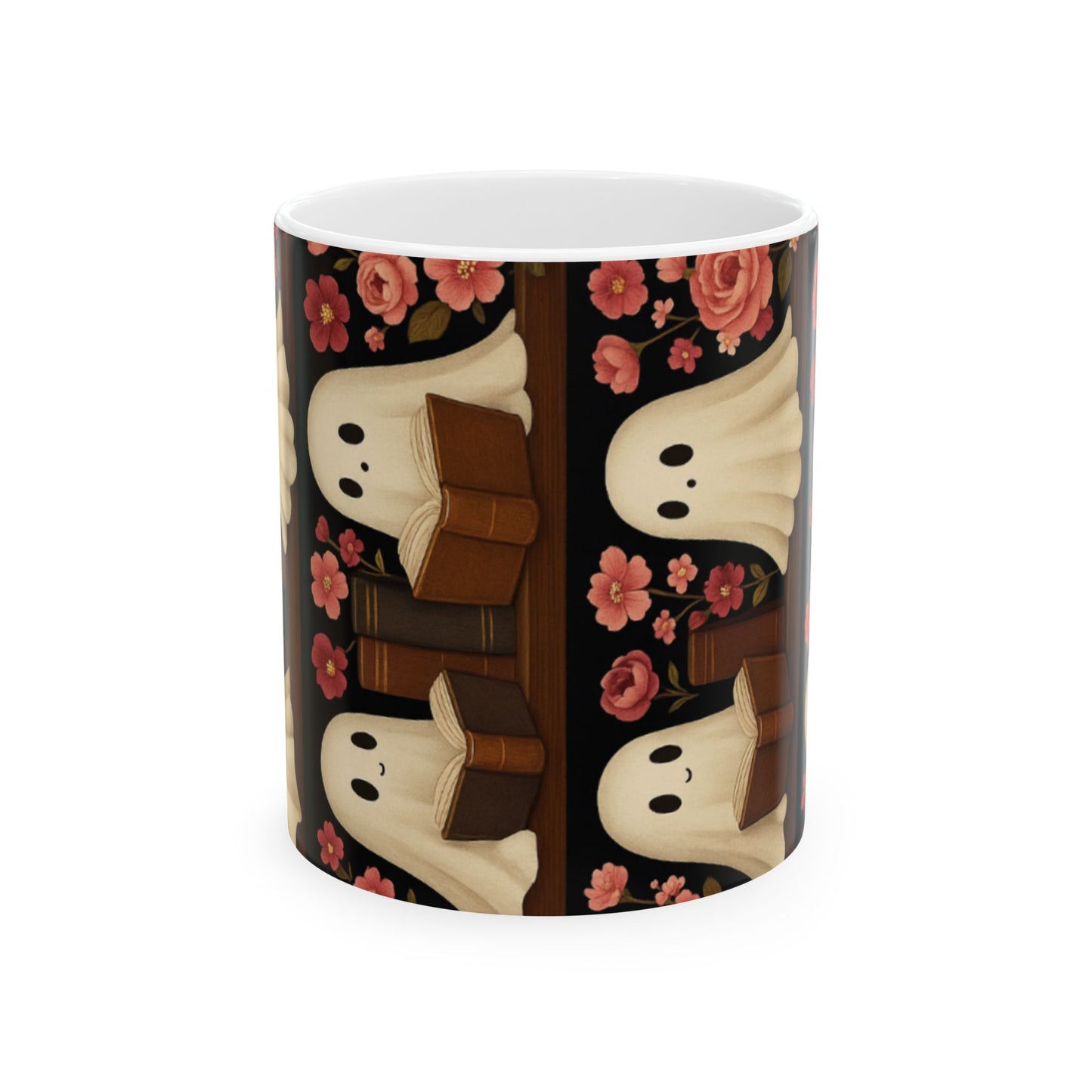 Spooky Ghosts Floral Ceramic Mug | Cute Coffee Cup for Halloween, Book Lovers, Gifts, Home Decor