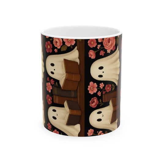 Spooky Ghosts Floral Ceramic Mug | Cute Coffee Cup for Halloween, Book Lovers, Gifts, Home Decor