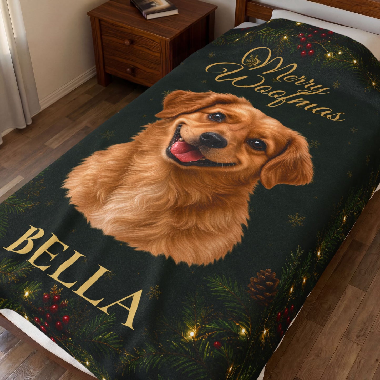 Merry Woofmas Personalized Dog Blanket – Custom Pet Portrait & Name Christmas Gift, Cozy Velveteen Holiday Throw