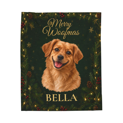 Merry Woofmas Personalized Dog Blanket – Custom Pet Portrait & Name Christmas Gift, Cozy Velveteen Holiday Throw