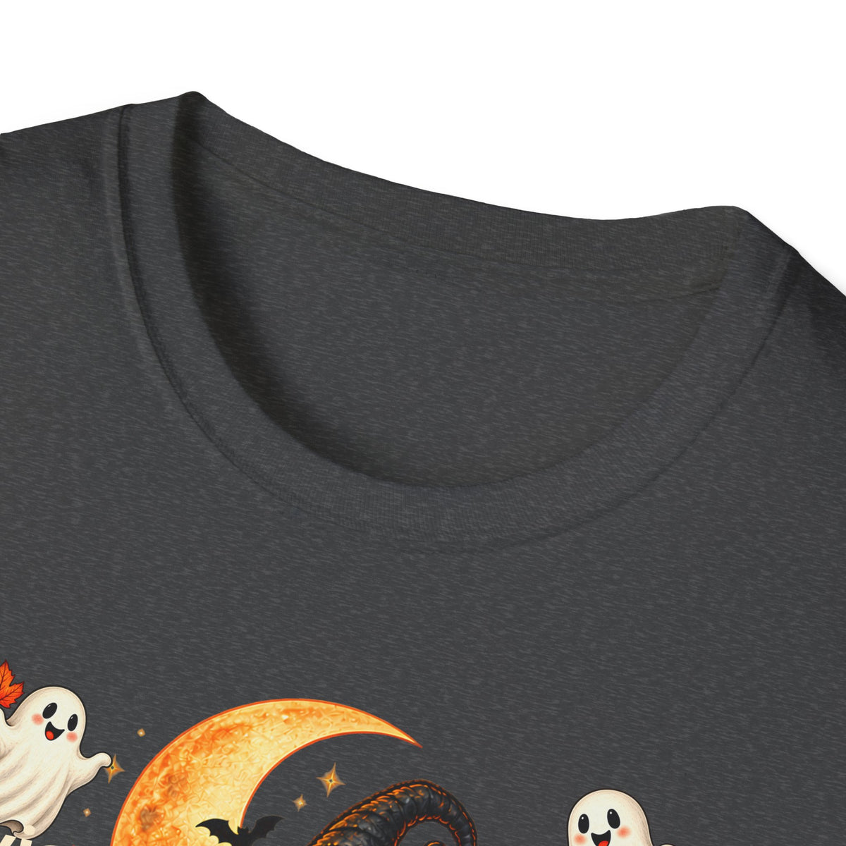 Close-up of a dark heather gray t-shirt featuring a Halloween graphic with cartoon ghosts, a crescent moon, stars, and a bat.