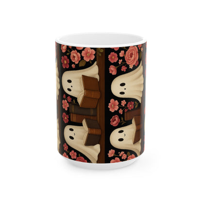 Spooky Ghosts Floral Ceramic Mug | Cute Coffee Cup for Halloween, Book Lovers, Gifts, Home Decor