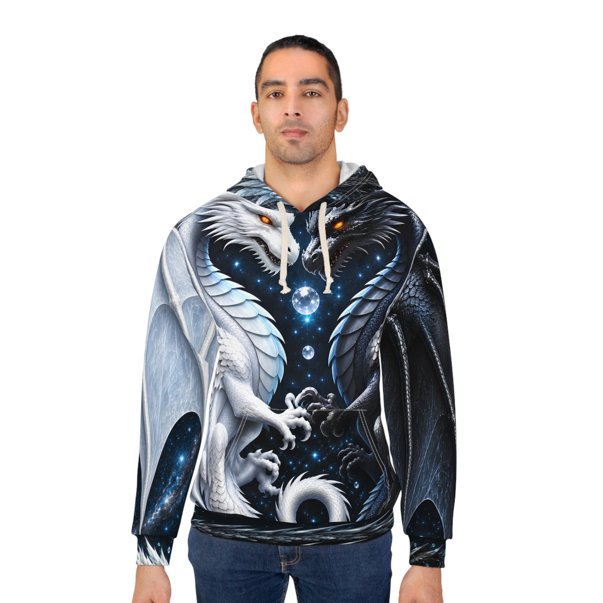Yin Yang Dragon Hoodie – Black & White All-Over Print, Celestial Fantasy Pullover