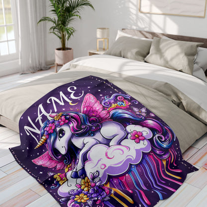 Personalized Unicorn Fleece Blanket – Custom Name Gift for Girls