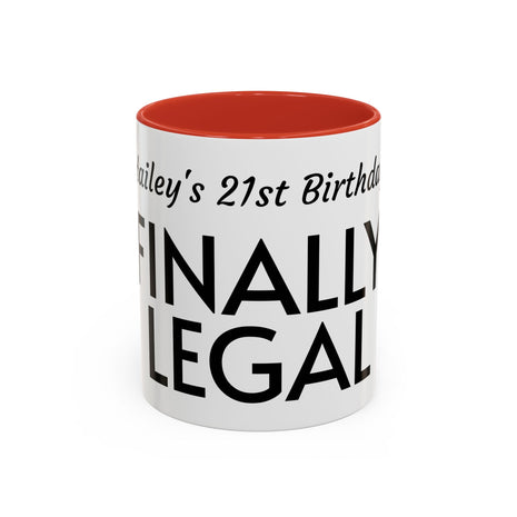 Taza de café de acento para cumpleaños número 21 - Regalo de "Finalmente legal", Taza divertida para celebraciones, Regalo de fiesta único, Recuerdo de cumpleaños, Asa negra