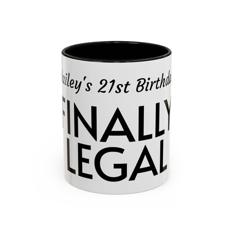 Taza de café de acento para cumpleaños número 21 - Regalo de "Finalmente legal", Taza divertida para celebraciones, Regalo de fiesta único, Recuerdo de cumpleaños, Asa negra