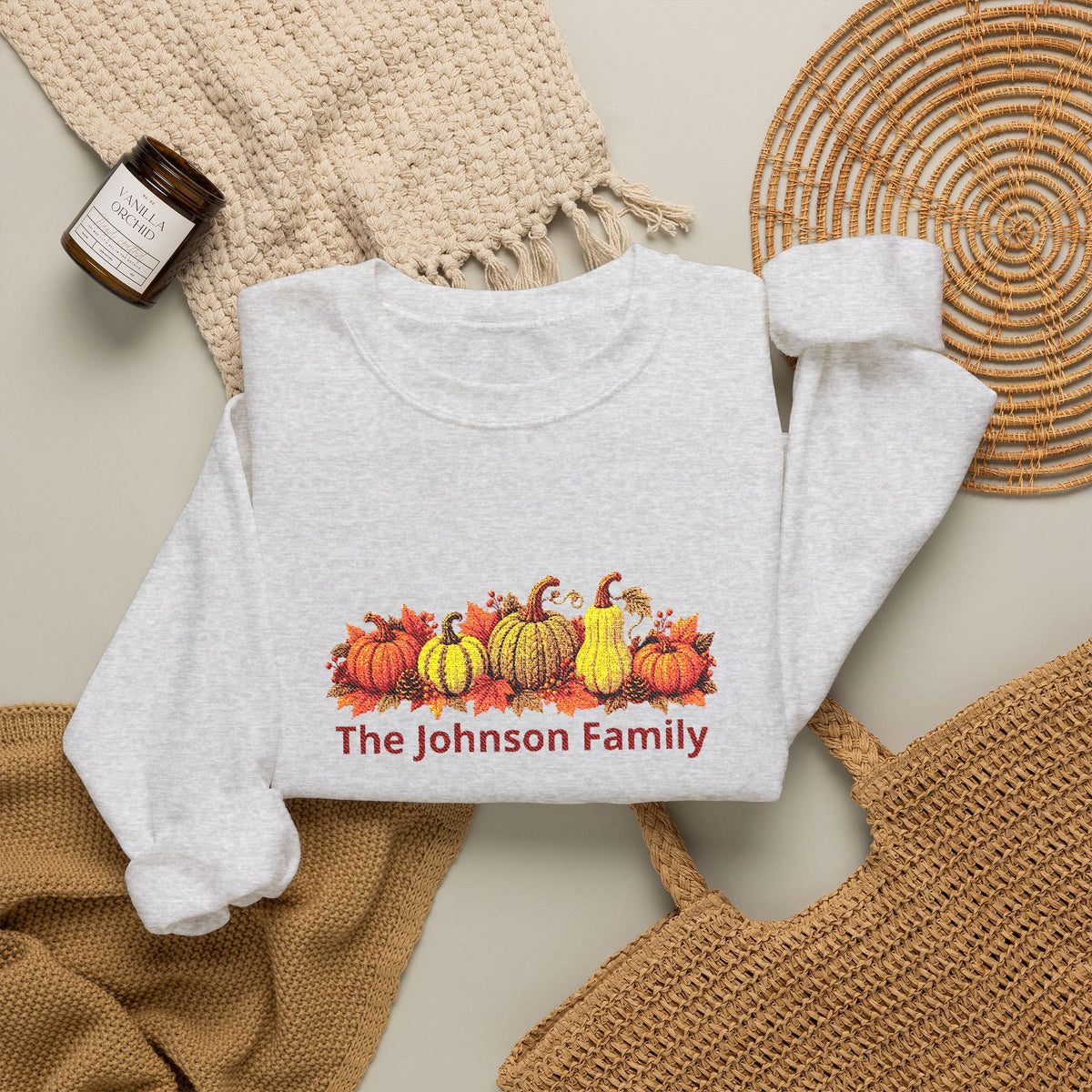 Personalized Fall Pumpkin Sweatshirt — Custom Family Name Crewneck