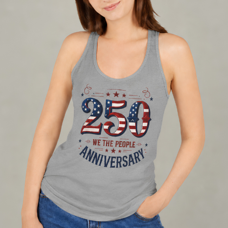Camiseta sin mangas con espalda nadadora del 250.º aniversario — Top patriótico para el 4 de Julio