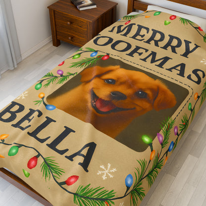 Custom Merry Woofmas Plush Blanket for Dog Lovers, Pet Gift, Cozy Throw, Holiday Decor, Personalized Blanket