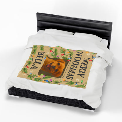 Custom Merry Woofmas Plush Blanket for Dog Lovers, Pet Gift, Cozy Throw, Holiday Decor, Personalized Blanket