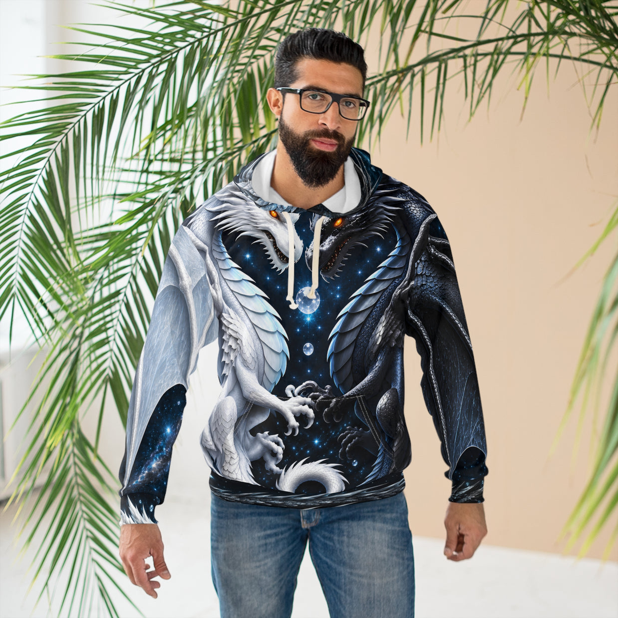 Yin Yang Dragon Hoodie – Black & White All-Over Print, Celestial Fantasy Pullover