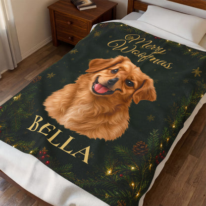 Merry Woofmas Personalized Dog Blanket – Custom Pet Portrait & Name Christmas Gift, Cozy Velveteen Holiday Throw