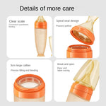 A product feature infographic titled 'Details of more care' showing a baby bottle in a four-panel grid. The panels highlight features such as a clear scale, spiral seal design, 3cm large caliber, and break and open functionality, with the bottle shown in close-up on a white background.