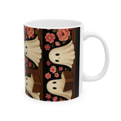 Spooky Ghosts Floral Ceramic Mug | Cute Coffee Cup for Halloween, Book Lovers, Gifts, Home Decor