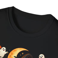 Close-up of a black crewneck t-shirt featuring a Halloween graphic print with cartoon ghosts, a crescent moon, and stars.