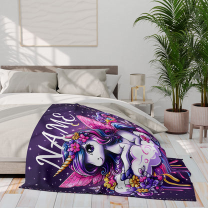 Personalized Unicorn Fleece Blanket – Custom Name Gift for Girls