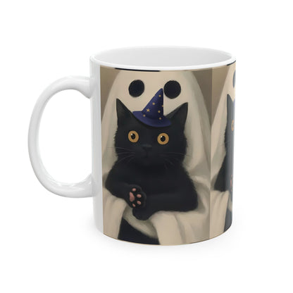 Spooky Cat Ghost Mug | Halloween Coffee Cup, Cute Black Cat Lover Gift, Fall Decor, 11oz & 15oz Ceramic, Double-Sided Print