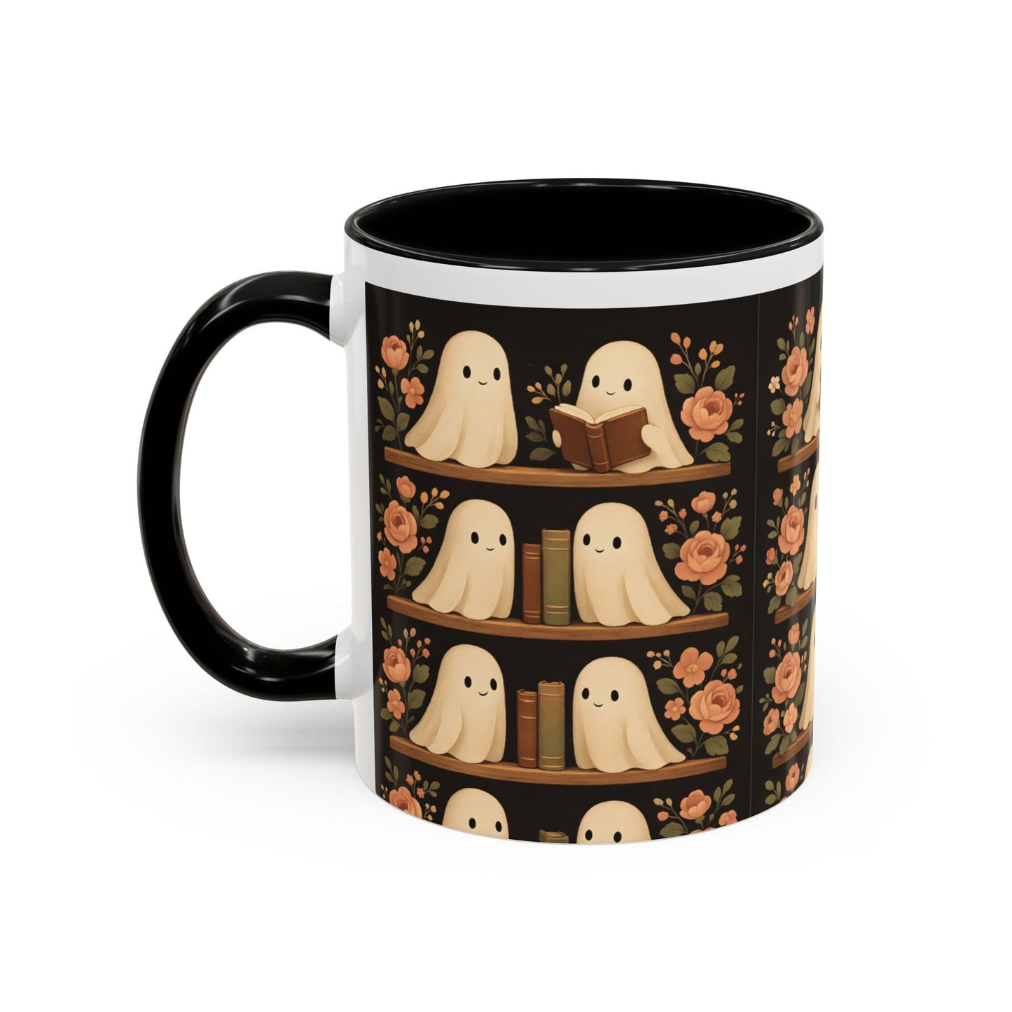 Ghostly Book Lovers Coffee Mug - Cute Halloween Gift, Floral Design, Cozy Home Decor, Perfect for Fall