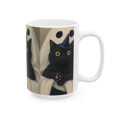 Spooky Cat Ghost Mug | Halloween Coffee Cup, Cute Black Cat Lover Gift, Fall Decor, 11oz & 15oz Ceramic, Double-Sided Print