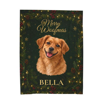 Merry Woofmas Personalized Dog Blanket – Custom Pet Portrait & Name Christmas Gift, Cozy Velveteen Holiday Throw