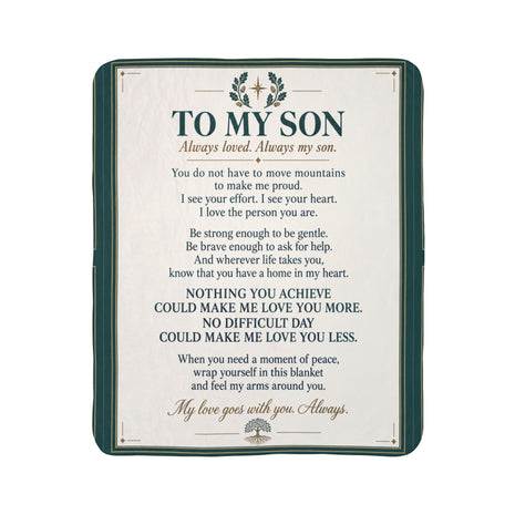 A square memorial-style blanket design with a dark green border and cream center panel, printed with a poem addressed 'To My Son' and decorative text and small illustrations, shown on a plain white background.