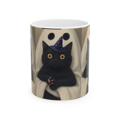 Spooky Cat Ghost Mug | Halloween Coffee Cup, Cute Black Cat Lover Gift, Fall Decor, 11oz & 15oz Ceramic, Double-Sided Print