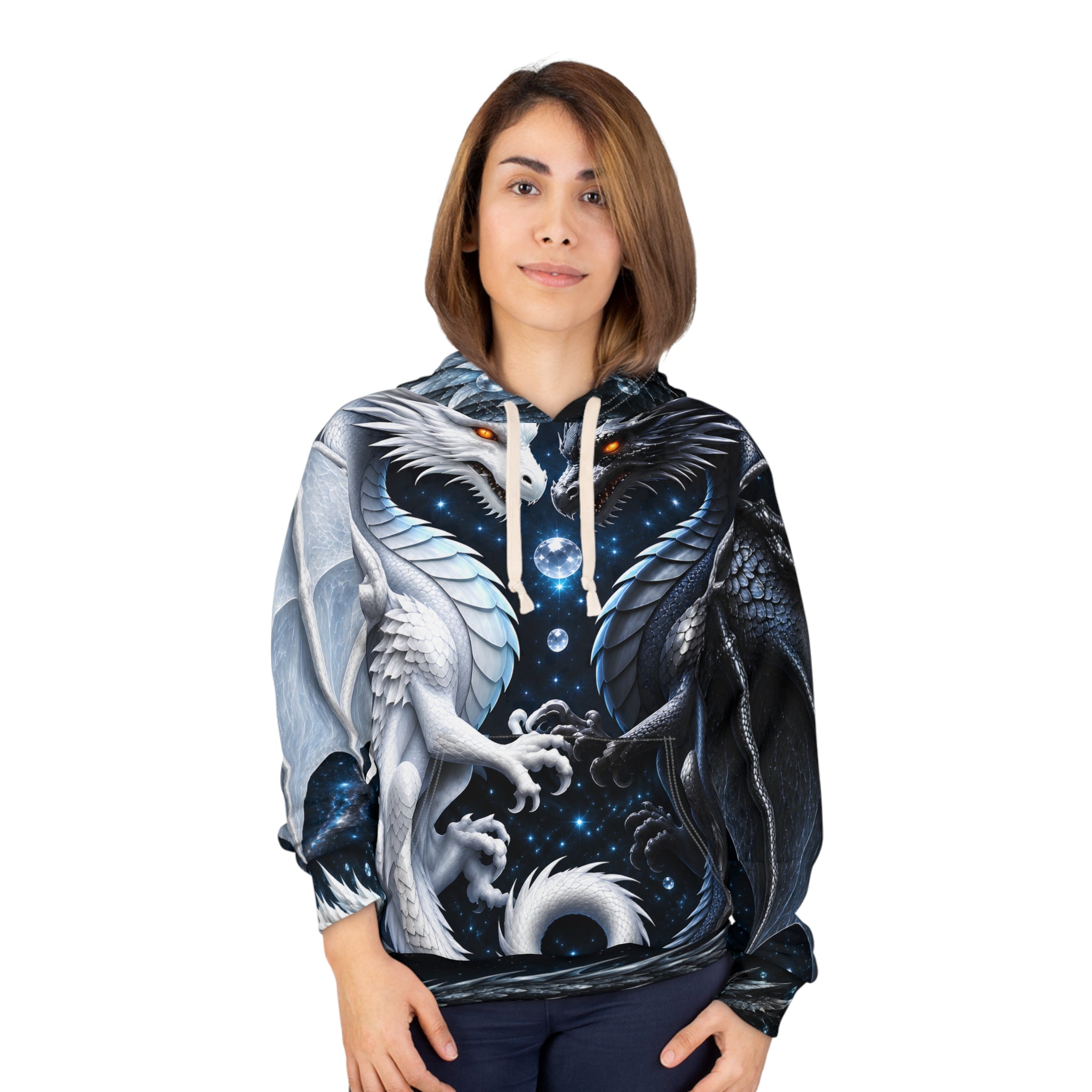 Yin Yang Dragon Hoodie – Black & White All-Over Print, Celestial Fantasy Pullover