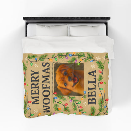 Custom Merry Woofmas Plush Blanket for Dog Lovers, Pet Gift, Cozy Throw, Holiday Decor, Personalized Blanket