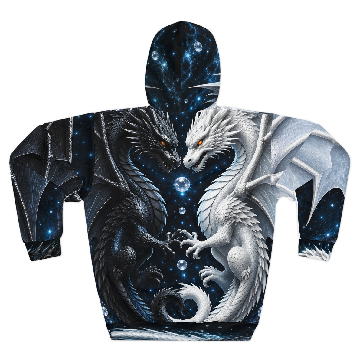 Yin Yang Dragon Hoodie – Black & White All-Over Print, Celestial Fantasy Pullover