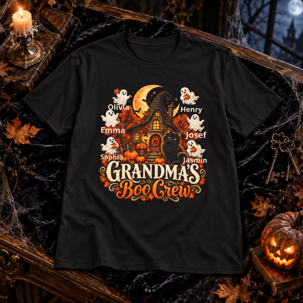 A black short-sleeve graphic T-shirt laid flat on a dark Halloween-themed surface with candles, keys, spiderwebs, autumn leaves, and a jack-o'-lantern. The shirt features a large front print of a haunted house, ghosts, pumpkins, and the text 'Grandma's Boo Crew' with personalized names around the illustration.