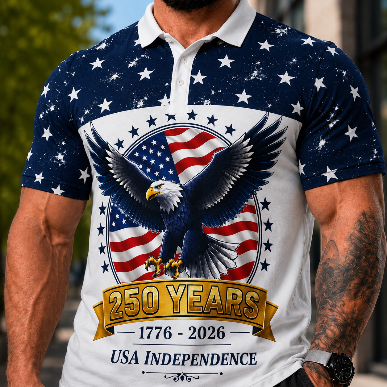 250 Years USA Independence Eagle Polo Shirt | 1776-2026 Patriotic Stars | Design Back