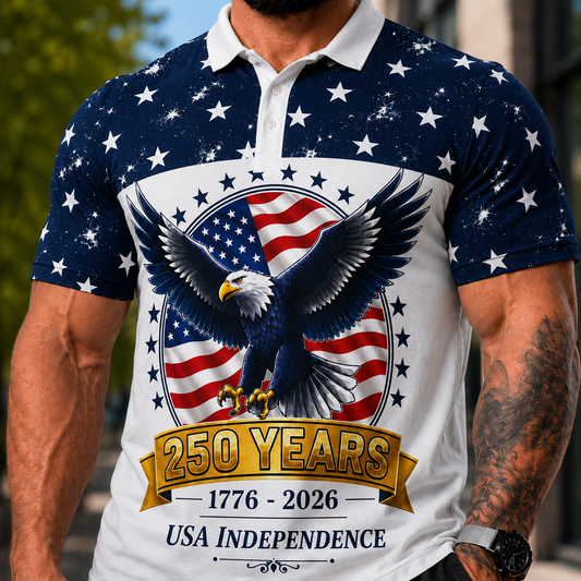 250 Years USA Independence Eagle Polo Shirt | 1776-2026 Patriotic Stars | Design Back