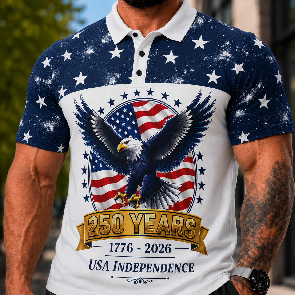 250 Years USA Independence Eagle Polo Shirt | 1776-2026 Patriotic Stars | Design Back